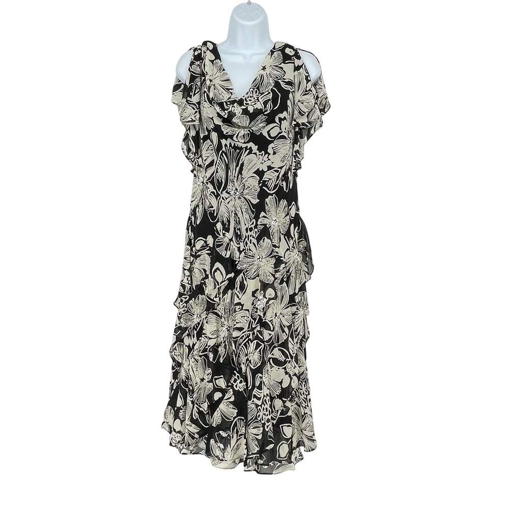 Vintage Floral Black Ivory Beaded Sequin Tiered Asymmetrical Midi Dress Sz 8 Y2K